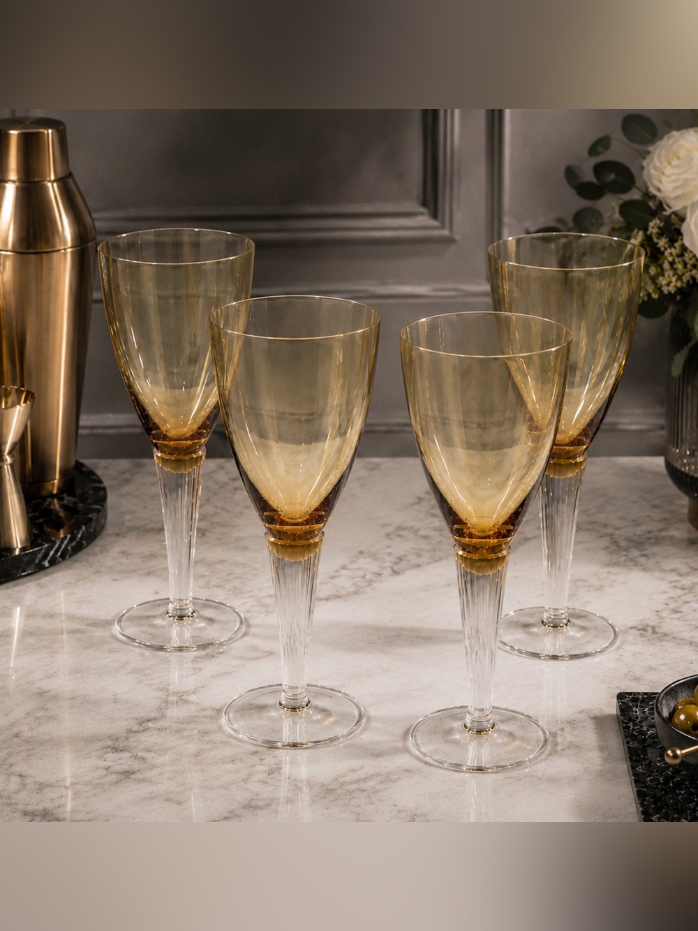 Set (4) Vintage Sasaki “Lumina Amber” Wine Glass Flutes | Ribbed Thick Stem |EUC